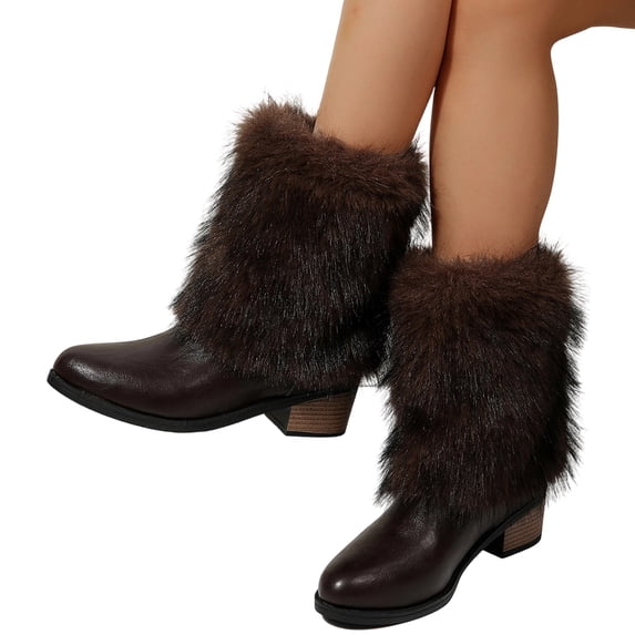 SACFOF Womens 1.97-inch Chunky Mid Calf Fur Heel Boots Furry Fuzzy Fluffy Pointed Toe Boots for Women Short Wide Calf Fall Winter Snow Fold Over Boot