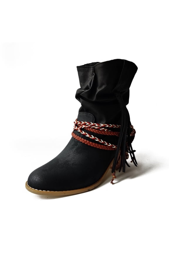 Womens Braid Bootie Ankle Boot Fashion Pointed Toe Riding Cowgirl Mid Calf Pull On Boots Retro Country Booties Chunky Heel Comfort Tall Boot