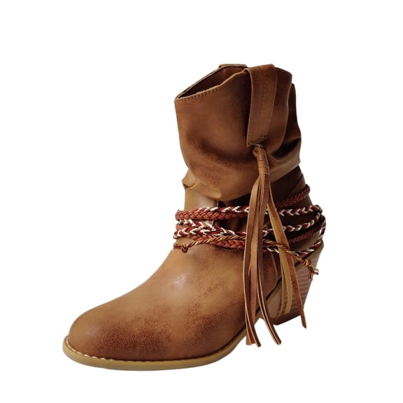 SACFOF Womens Braid Bootie Ankle Boot Fashion Pointed Toe Riding Cowgirl Mid Calf Pull On Boots Retro Country Booties Chunky Heel Comfort Tall Boot