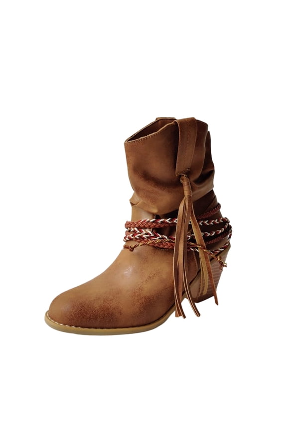 Womens Braid Bootie Ankle Boot Fashion Pointed Toe Riding Cowgirl Mid Calf Pull On Boots Retro Country Booties Chunky Heel Comfort Tall Boot