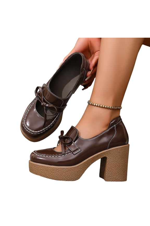 Womens Chunky Platform High Heeled Loafers Round Toe Block Heel Pumps Slip On Dress Office Shoes