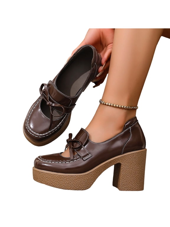 Womens Chunky Platform High Heeled Loafers Round Toe Block Heel Pumps Slip On Dress Office Shoes