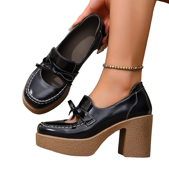 SACFOF Womens Chunky Platform High Heeled Loafers Round Toe Block Heel Pumps Slip On Dress Office Shoes