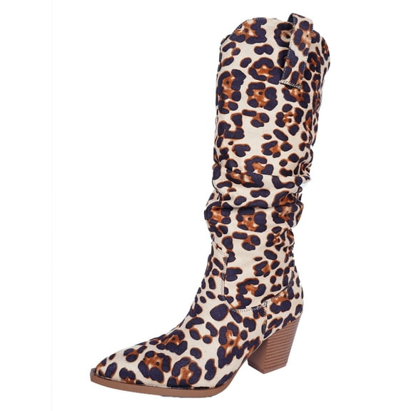 SACFOF Womens Classic Tall Knee High Block Heel Fashion Boots Animal Print Pointed Toe Chunky Heel Shoes