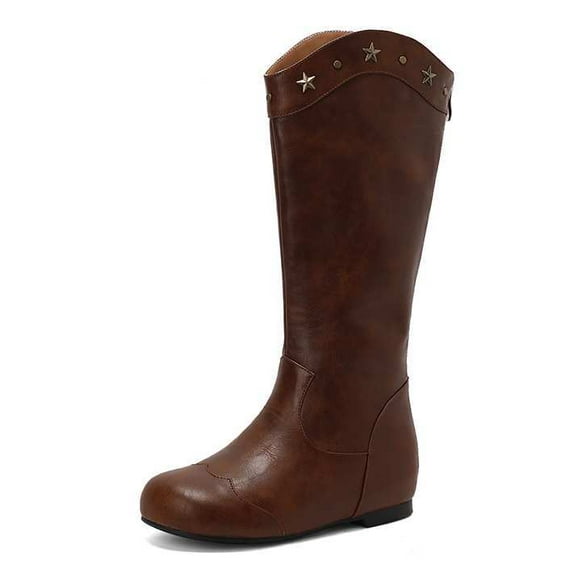SACFOF Womens Cowboy Cowgirl Boots Wide Mid Calf Square Toe Riding Boots Block Chunky Heel Low Heel Distressed Studded Boots