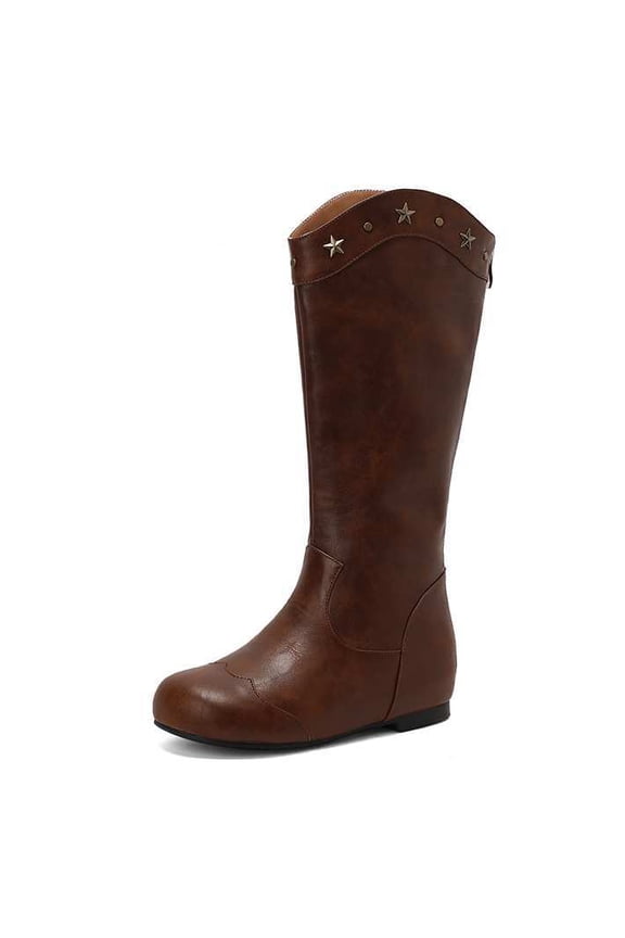 Womens Cowboy Cowgirl Boots Wide Mid Calf Square Toe Riding Boots Block Chunky Heel Low Heel Distressed Studded Boots