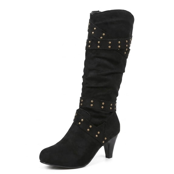 SACFOF Womens Cowboy Cowgirl Boots Wide Mid Calf Square Toe Riding Boots Block Chunky Heel Low Heel Distressed Studded Boots
