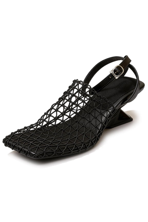 Womens Fishnet Wedge Sandals Closed Suqare Toe Block Heel Breathable Braid Mesh Slingback Pumps With Adjustable Ankle Buckle For Summer Beach Casual Dressy