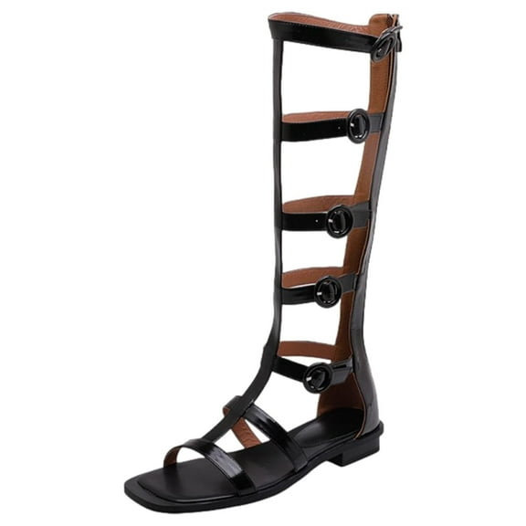 SACFOF Womens Flat Knee High Gladiator Sandals Open Toe Buckle Adjustable Strappy Zip Up Roman Sandals
