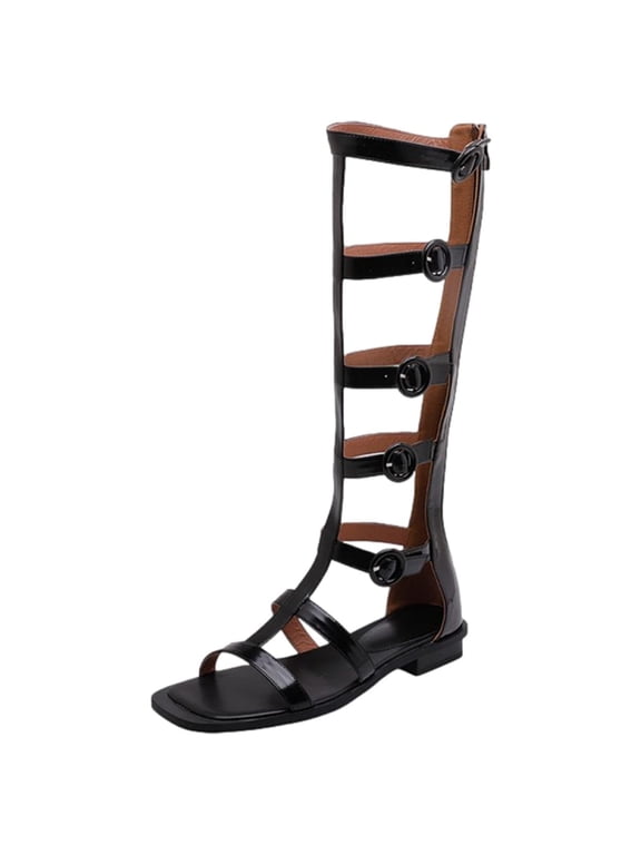 Womens Flat Knee High Gladiator Sandals Open Toe Buckle Adjustable Strappy Zip Up Roman Sandals