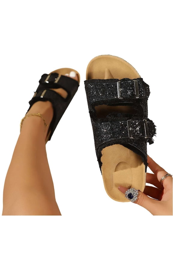 Womens Glitter Sandals with Arch Support Comfortable Orthopedic Cushion Recovery Slides Summer Fashion Sparkly Rhinestones Sandals Slip On Plantar Fasciitis Slippers for Indoor Outdoor