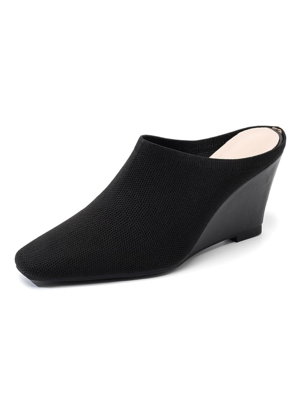 Womens Knit Closed Square Toe Wedge Heel Mules Comfortable Slip On Mesh Knit High Heeled Clog Sandals For Casual Walking Party Daily Work Office