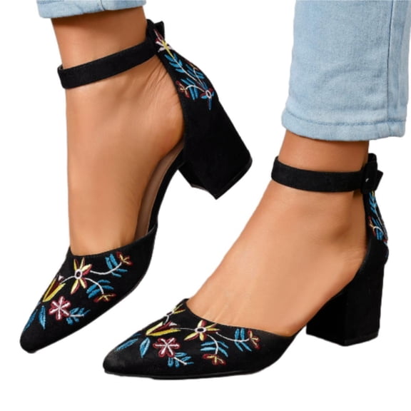 SACFOF Womens Low Chunky Heels Dress Sandals Pump Pointed Toe Embroidery Ankle Strap Wedding Block Heeled Sandals