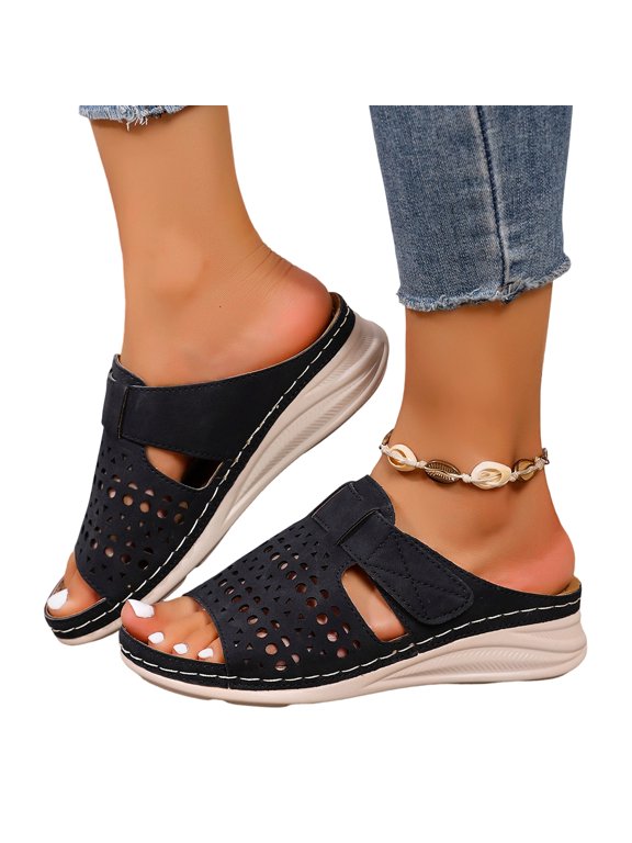 Womens Low Wedge Sandals Shoes Comfortable Platform Slides Adjustable Straps Summer Beach Dressy Slipper Outdoor