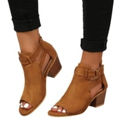 SACFOF Womens Peep Toe Heels Chunky Heel Booties Open Toe Booty Cutout Dress Shoes with Back Zipper