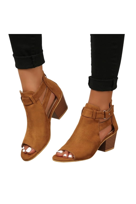 Womens Peep Toe Heels Chunky Heel Booties Open Toe Booty Cutout Dress Shoes with Back Zipper