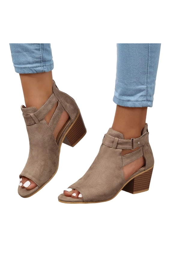 Womens Peep Toe Heels Chunky Heel Booties Open Toe Booty Cutout Dress Shoes with Back Zipper