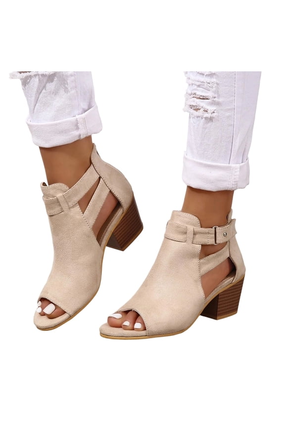 Womens Peep Toe Heels Chunky Heel Booties Open Toe Booty Cutout Dress Shoes with Back Zipper