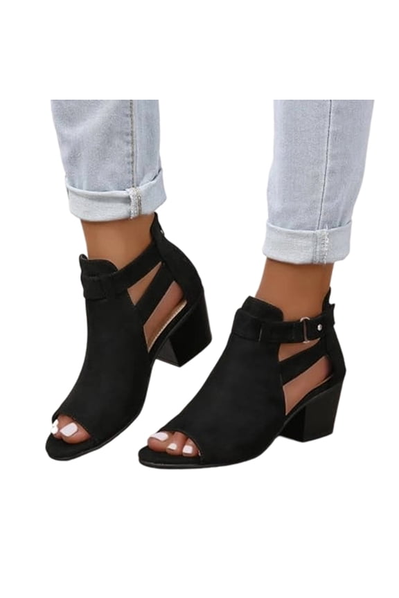 Womens Peep Toe Heels Chunky Heel Booties Open Toe Booty Cutout Dress Shoes with Back Zipper