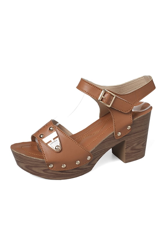 Womens Peep Toe Heels Chunky Heel Sandals Ankle Strap Buckle Open Toe Dress Wood Heels Summer High Heeled Platform Sandal