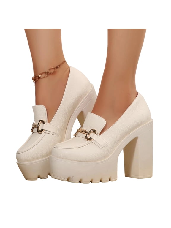 Womens Platform Heels Loafers, Chunky High Heel Closed Toe Metal Buckle Shoes