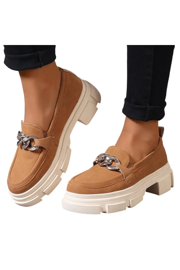 Womens Slip On Penny Loafers Platform Chunky Loafer Lug Sole Suede Work Business Casual Dress Uniform Oxfords with Metal Chain