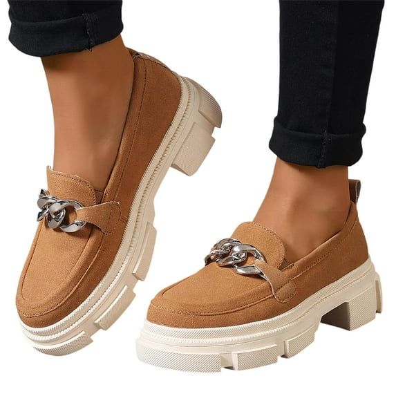 SACFOF Womens Slip On Penny Loafers Platform Chunky Loafer Lug Sole Suede Work Business Casual Dress Uniform Oxfords with Metal Chain