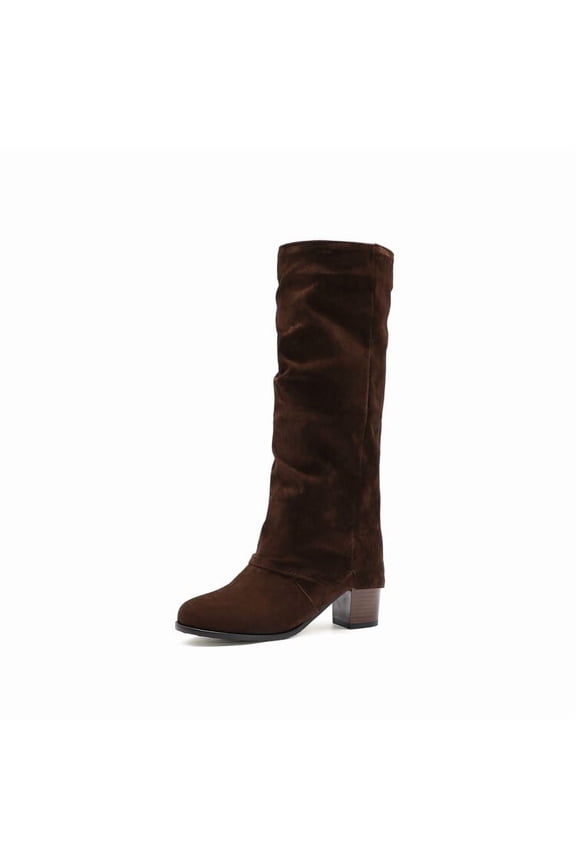 Womens Slouch Knee High Chunky Boots Suede Pointed Toe Slip on Chunky Heel Short Boots Comfortable Casual Fall Winter Booties