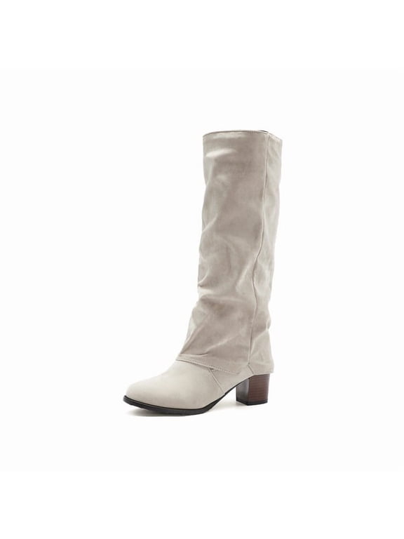 Womens Slouch Knee High Chunky Boots Suede Pointed Toe Slip on Chunky Heel Short Boots Comfortable Casual Fall Winter Booties