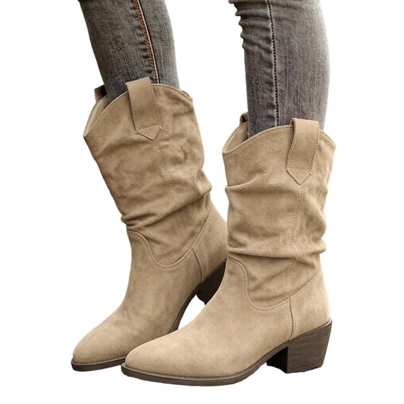 SACFOF Womens Slouchy Western Cowboy Cowgirl Retro Mid calf Boots Faux Suede Leather Stylish Booties Outdoor Travel