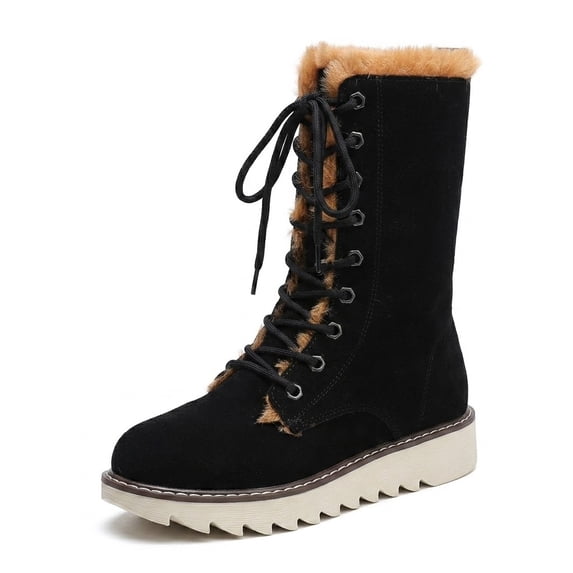 SACFOF Womens Snow Boots Suede Faux Fur Lining Warm Lace Up Walking Boots Block Heel Ankle Boots Winter Deep Tread Rubber Sole Shoes