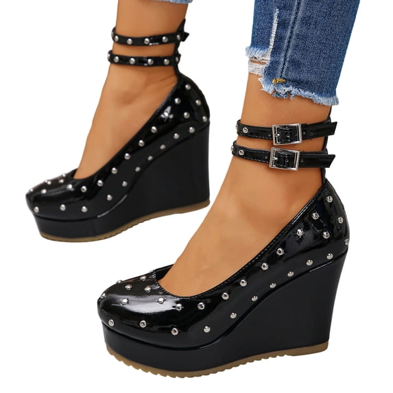 SACFOF Womens Studded Platform Wedge Pumps Round Toe Double Ankle Strap Buckle Closed Toe Dress Shoes for Party Office Evening