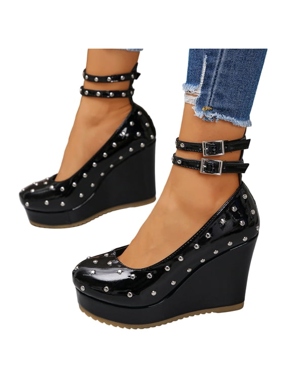 Womens Studded Platform Wedge Pumps Round Toe Double Ankle Strap Buckle Closed Toe Dress Shoes for Party Office Evening