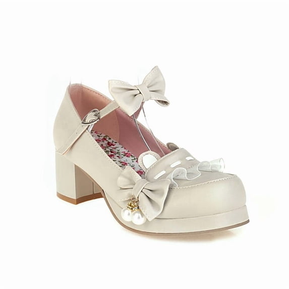 SACFOF Womens Sweet Cute Kawaii Platform Cosplay Shoes Chunky Mid Heels Mary Janes with Bow Buckles Strappy Pumps