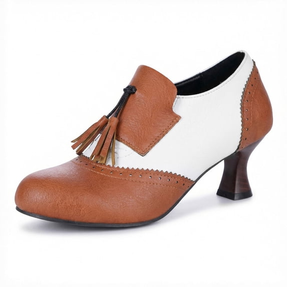 SACFOF Womens Vintage Kitten Heels Wingtip Oxford Heels for Women Retro Round Toe Shoe with Tassel