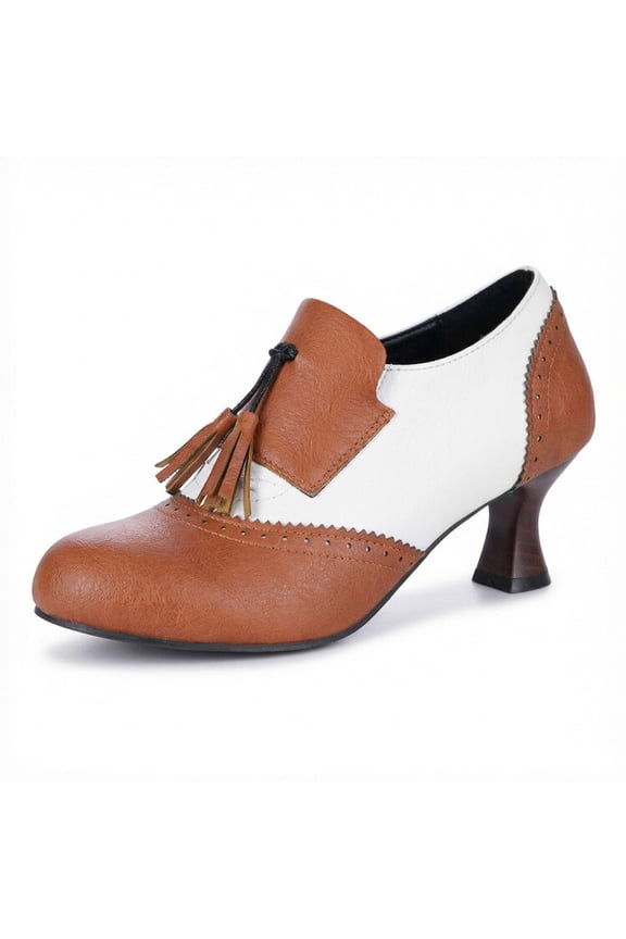 Womens Vintage Kitten Heels Wingtip Oxford Heels for Women Retro Round Toe Shoe with Tassel