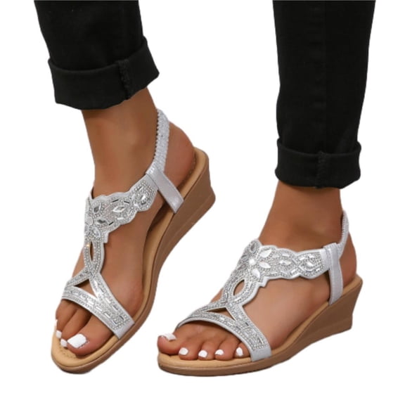 SACFOF Womens Wedge Sandals Flower Low Heel Dressy Sandals Elastic Ankle Strap Rhinestone Sandals Summer Comfortable Shoes