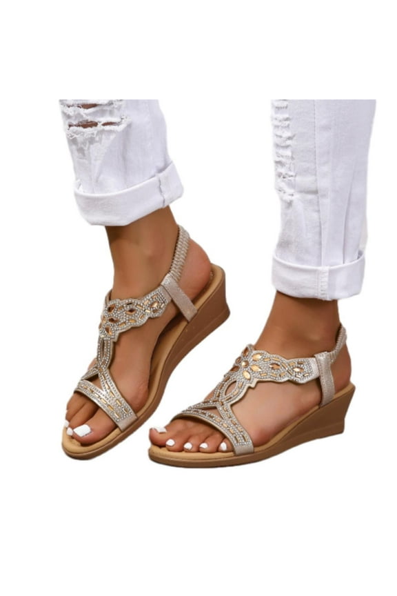 Womens Wedge Sandals Flower Low Heel Dressy Sandals Elastic Ankle Strap Rhinestone Sandals Summer Comfortable Shoes