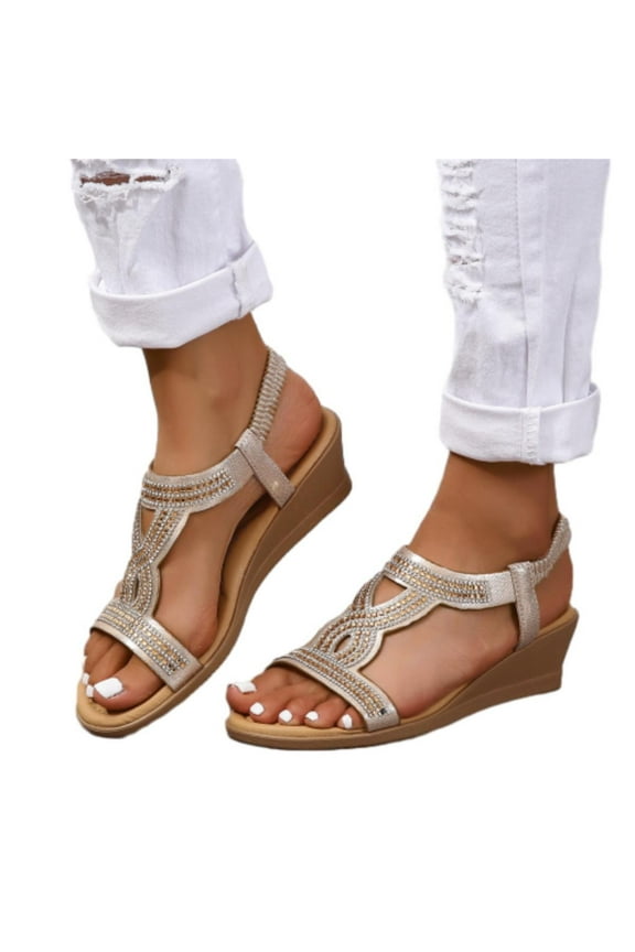 Womens Wedge Sandals Low Heel Dressy Sandals Elastic Ankle Strap Rhinestone Sandals Summer Outdoor Beach Shoes
