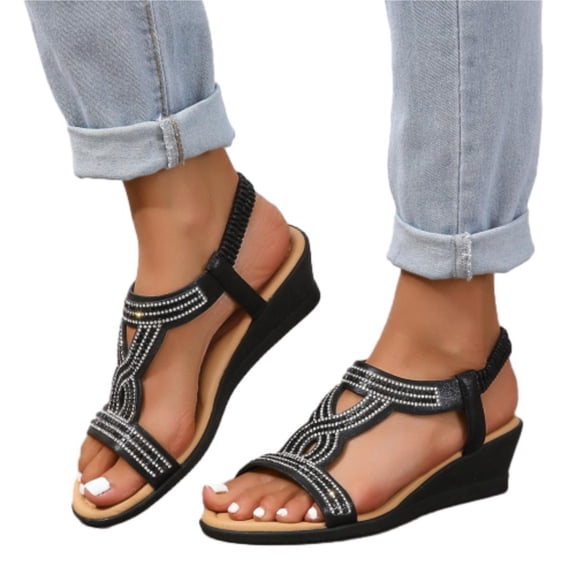 SACFOF Womens Wedge Sandals Low Heel Dressy Sandals Elastic Ankle Strap Rhinestone Sandals Summer Outdoor Beach Shoes