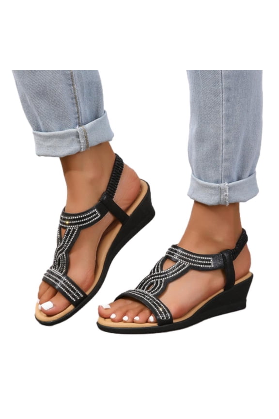 Womens Wedge Sandals Low Heel Dressy Sandals Elastic Ankle Strap Rhinestone Sandals Summer Outdoor Beach Shoes