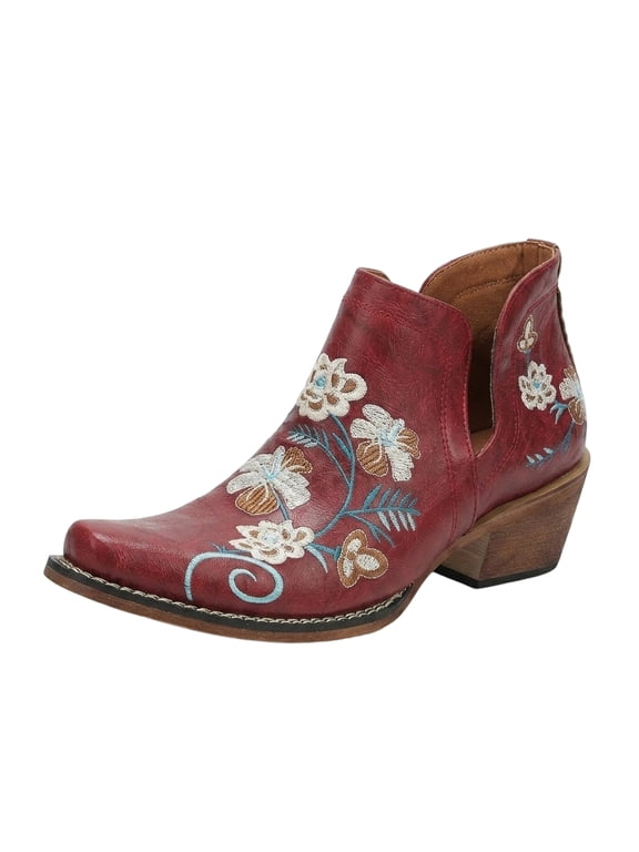 Womens Western Ankle Boots Floral Embroidered Pointed Toe Side Cutout Block Heel Booties