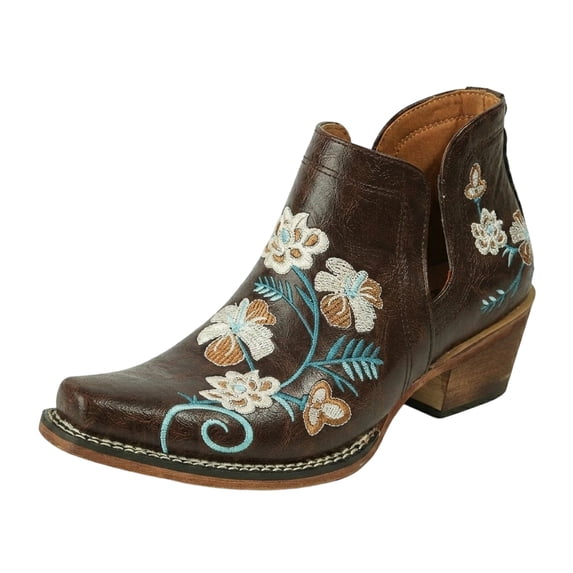 SACFOF Womens Western Ankle Boots Floral Embroidered Pointed Toe Side Cutout Block Heel Booties