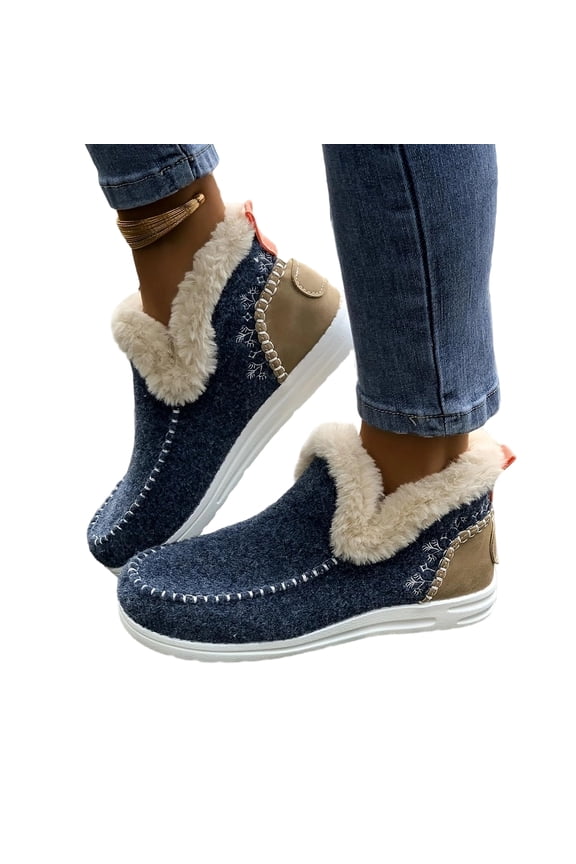 Womens Winter Flat Fluffy Snow Boots,Warm Faux Fur Lining Anti-Slip Slip on Loafer Casual Outdoor Plush Short Booties