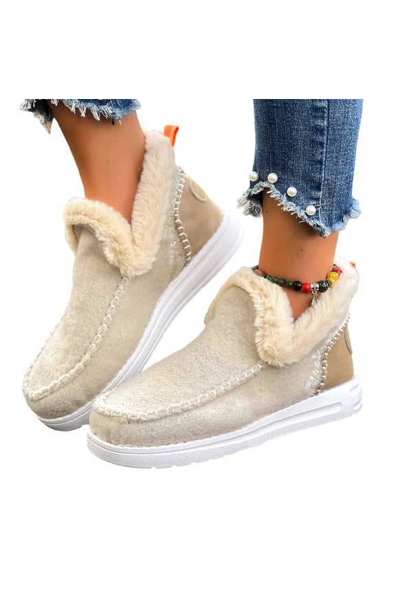 Womens Winter Flat Fluffy Snow Boots,Warm Faux Fur Lining Anti-Slip Slip on Loafer Casual Outdoor Plush Short Booties