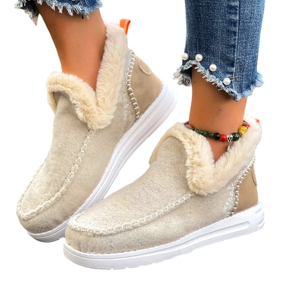 SACFOF Womens Winter Flat Fluffy Snow Boots,Warm Faux Fur Lining Anti-Slip Slip on Loafer Casual Outdoor Plush Short Booties