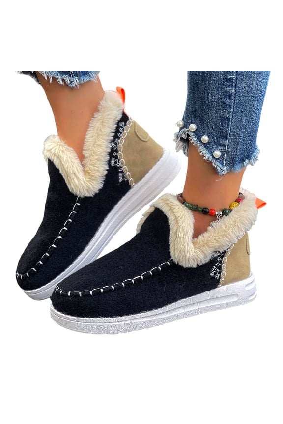Womens Winter Flat Fluffy Snow Boots,Warm Faux Fur Lining Anti-Slip Slip on Loafer Casual Outdoor Plush Short Booties