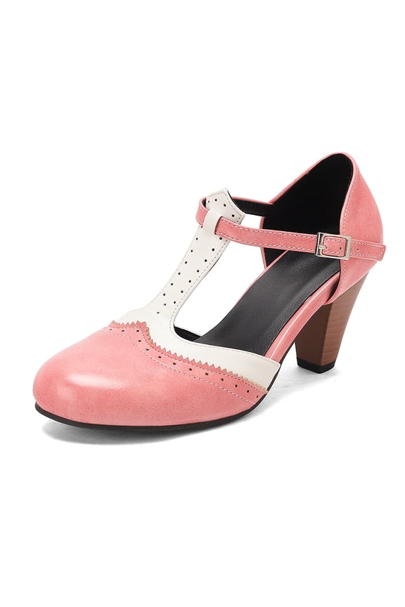 Womne's T-Strap Mary Jane Oxfords Pumps Vintage Mid Kitten Heels Lolita Round Toe Dress Shoes for Wedding Party