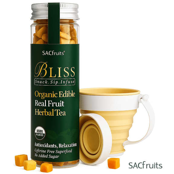 SACFruits BLISS Organic Edible Real Fruit Herbal Tea with Silicone Collapsible Cup  USDA Organic, Caffeine-Free Superfood, Antioxidant Snack, No Added Sugar, On-the-Go Wellness