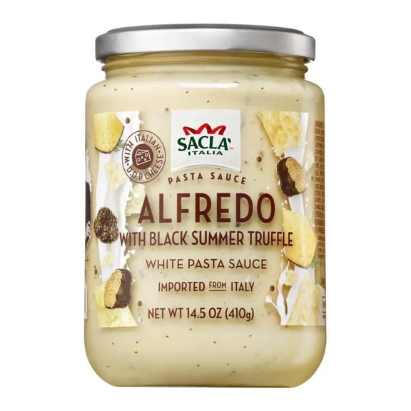 SACLA Alfredo Sauce with Black Truffle | Creamy Italian White Pasta Sauce with Grana Padano DOP Cheese & Black Truffle | 14.5 oz Glass Jar | Imported from Italy